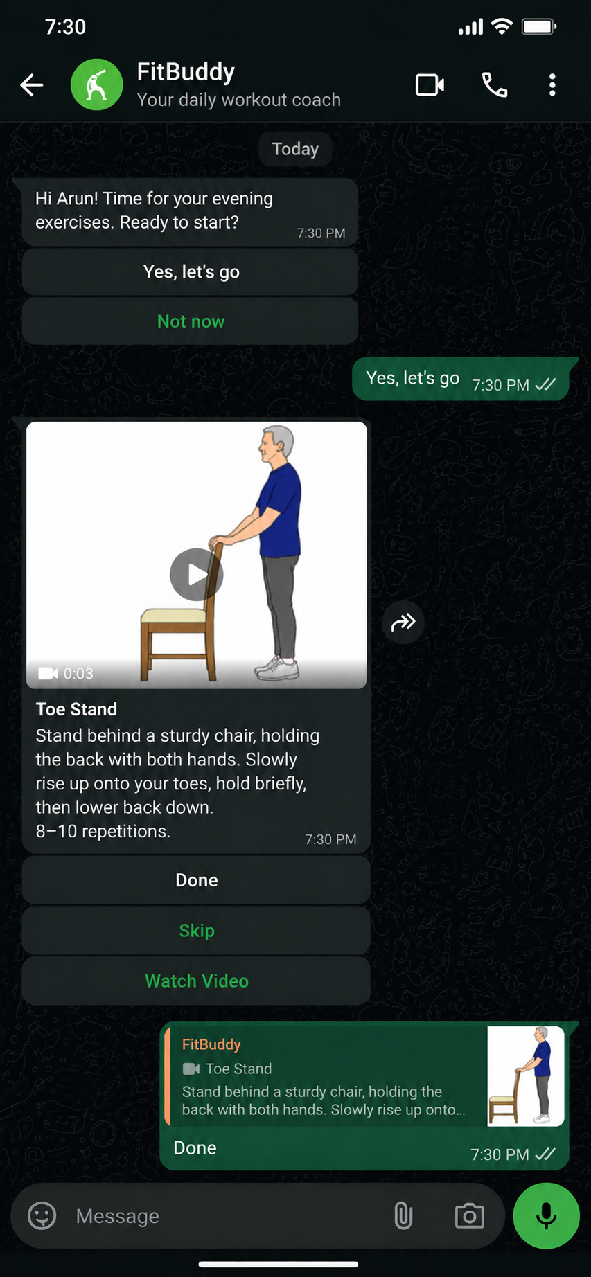 Screenshot of the WhatsApp fitness coach showing a daily workout message with an exercise video, instructions, and Done/Skip buttons